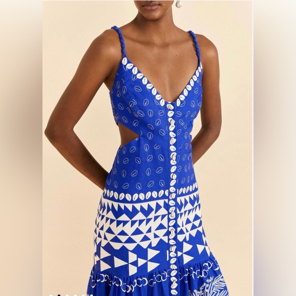 Farm Rio NWT Mixed Ondina Blue Midi Cut out/ ruched sided Dress buttoned down